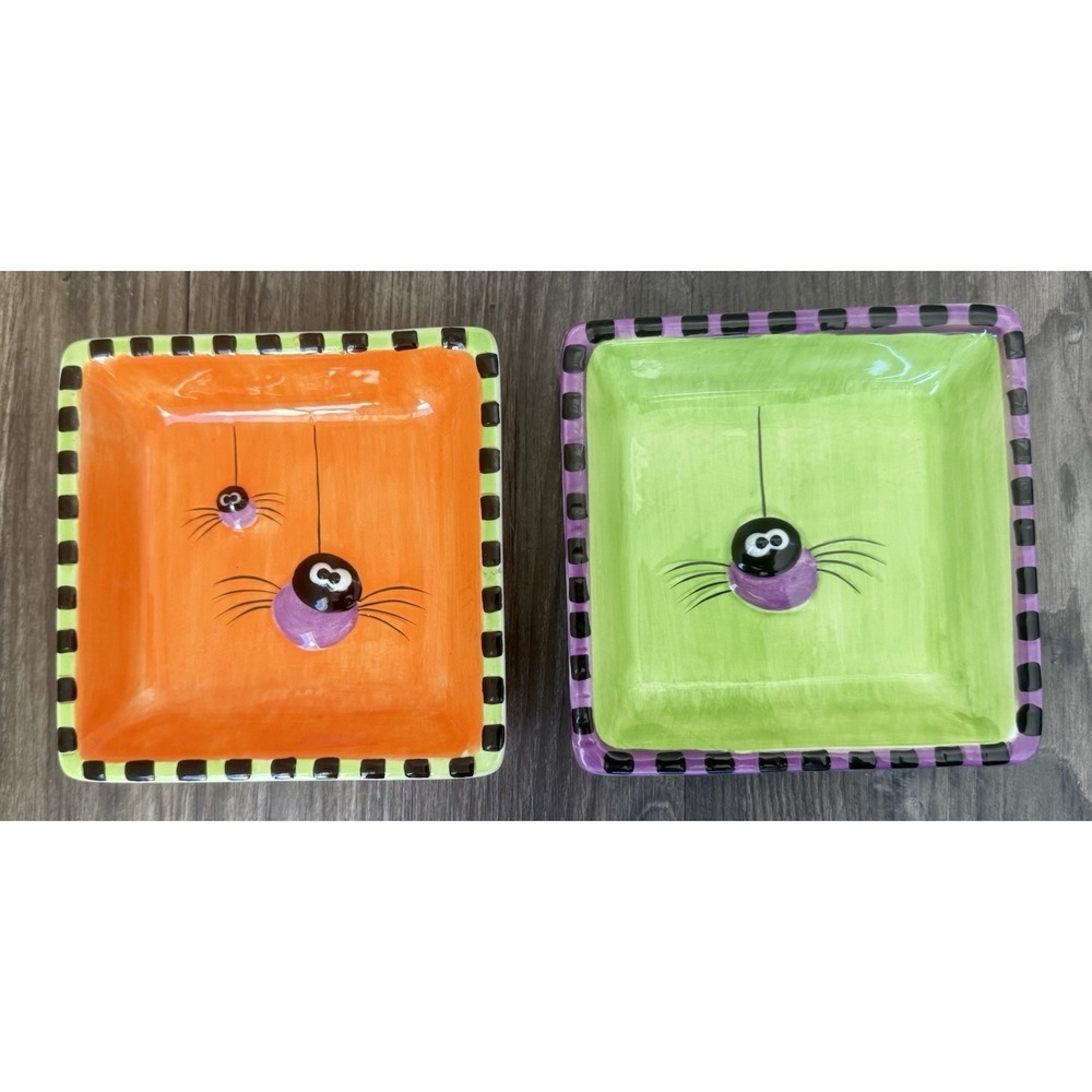 Set Of 2 Halloween Small Desert Plates Spider Web Purple Green Orange